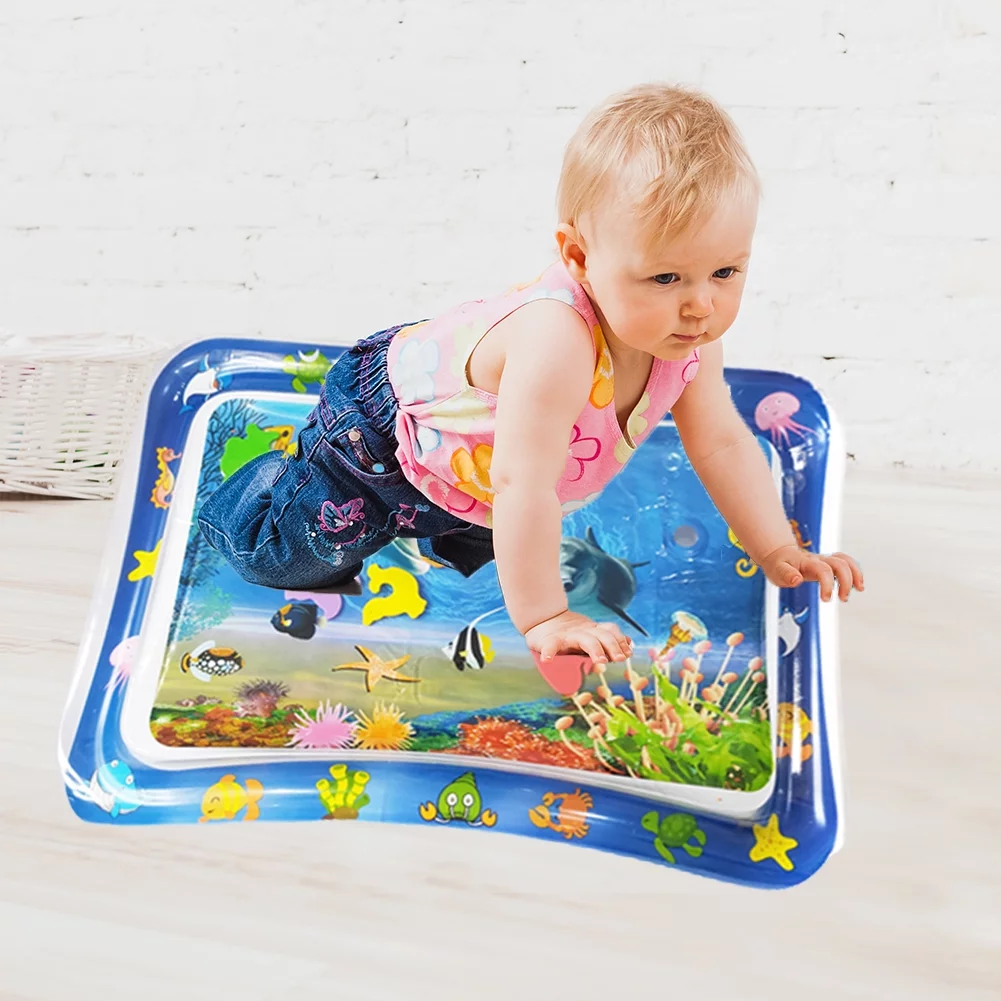 Baby water play mat with floating marine toys for sensory development and tummy time.