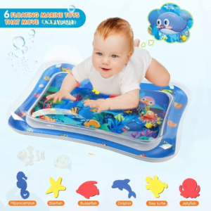 Baby water play mat with floating marine toys for sensory development and tummy time.