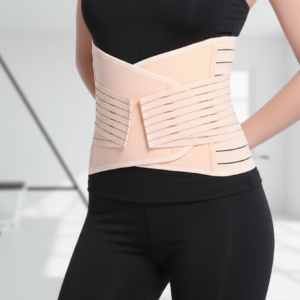Woman wearing adjustable waist trainer belt for tummy control and back support fitness.