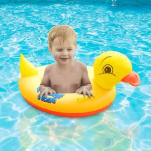 Baby sitting in yellow duck inflatable float seat for safe swimming