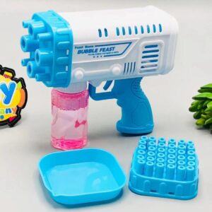 Kid playing with bazooka bubble gun toy blowing multiple bubbles outdoors