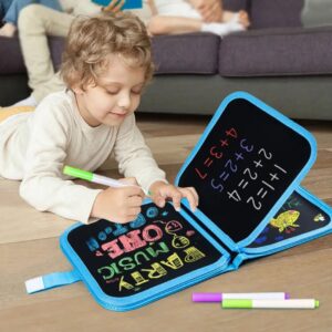 Kids using reusable doodle magic blackboard book with colorful markers