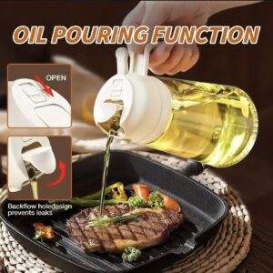 Glass oil dispenser bottle with handle pouring cooking oil in kitchen