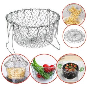 Stainless steel foldable chef basket used for frying and straining food