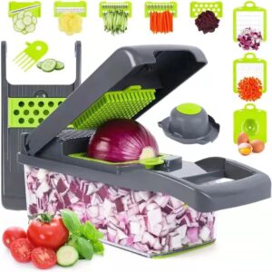 Multi-functional vegetable chopper with onion dicer, slicer blades, and storage container for fast kitchen cutting